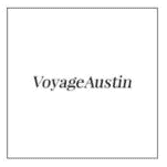 The image shows the phrase "VoyageAustin" in black text centered on a plain white background. Tanya Eivin Photography