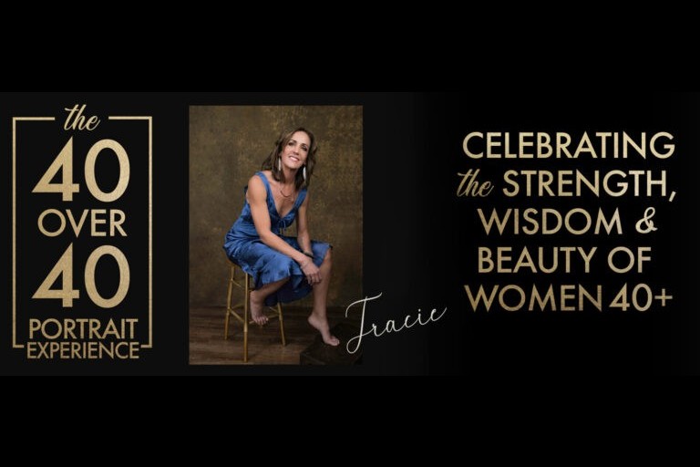 A woman in a blue dress sits on a stool between text promoting the 40 Over 40 Portrait Experience, celebrating women over 40. Tanya Eivin Photography