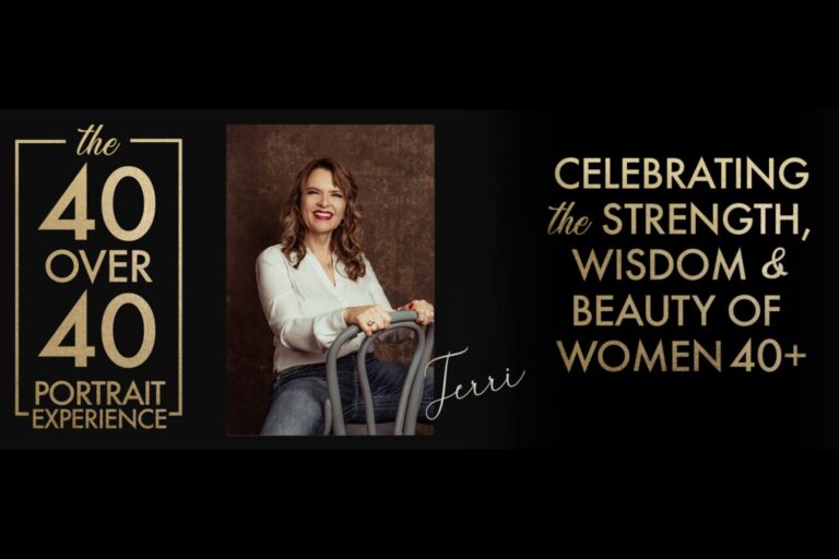 A woman sits on a chair smiling, next to text reading "The 40 Over 40 Portrait Experience" and "Celebrating the strength, wisdom & beauty of women 40+. Tanya Eivin Photography