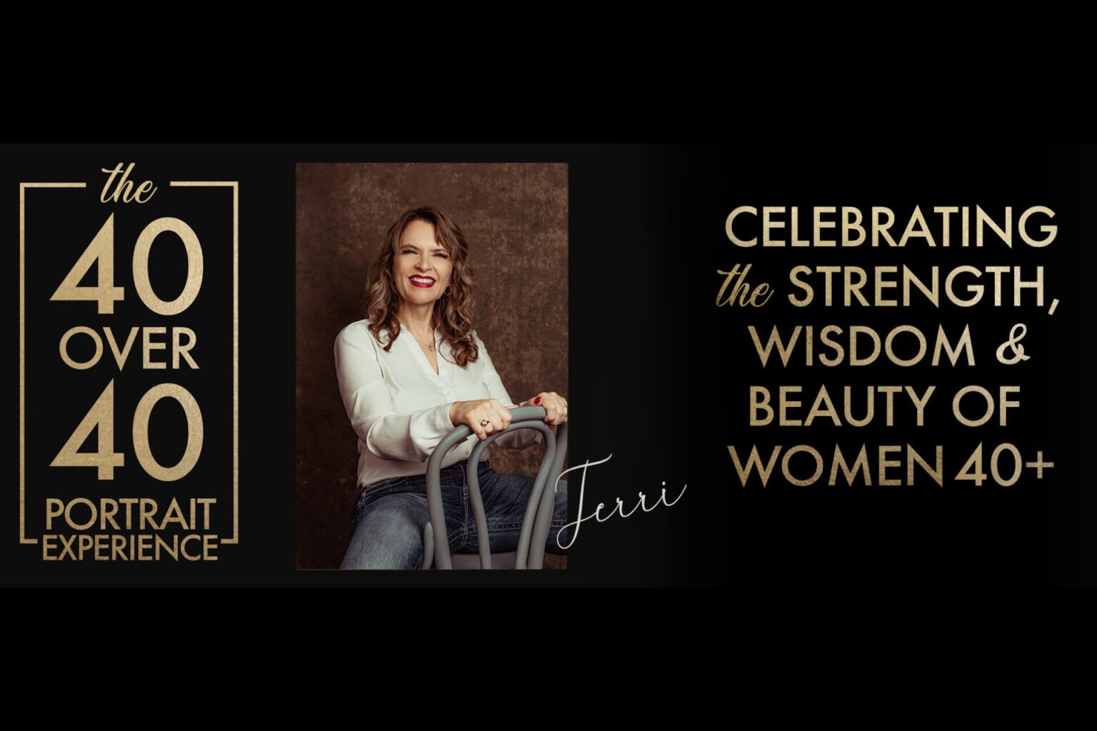 A woman sits on a chair smiling, next to text reading "The 40 Over 40 Portrait Experience" and "Celebrating the strength, wisdom & beauty of women 40+. Tanya Eivin Photography