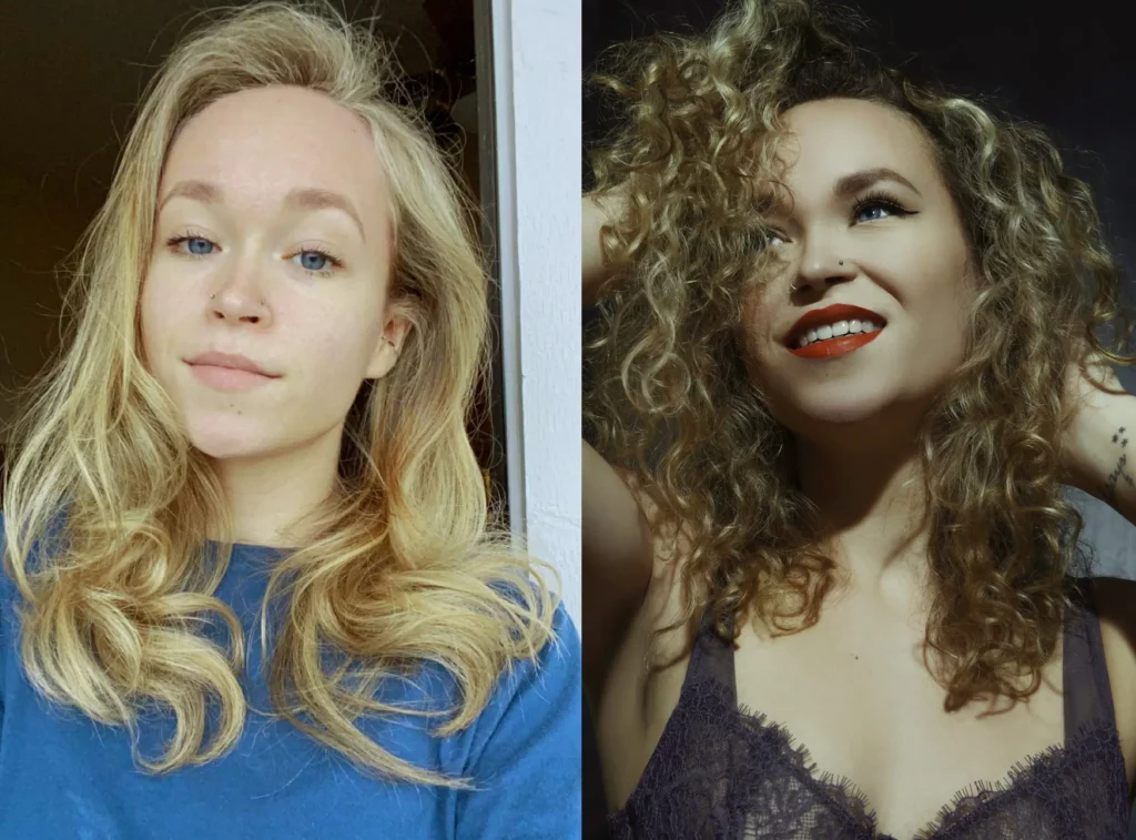 Side-by-side portraits of a woman with blonde hair; left image shows her with minimal makeup and casual attire, right image shows her with styled curls, makeup, and a lacy top. Tanya Eivin Photography