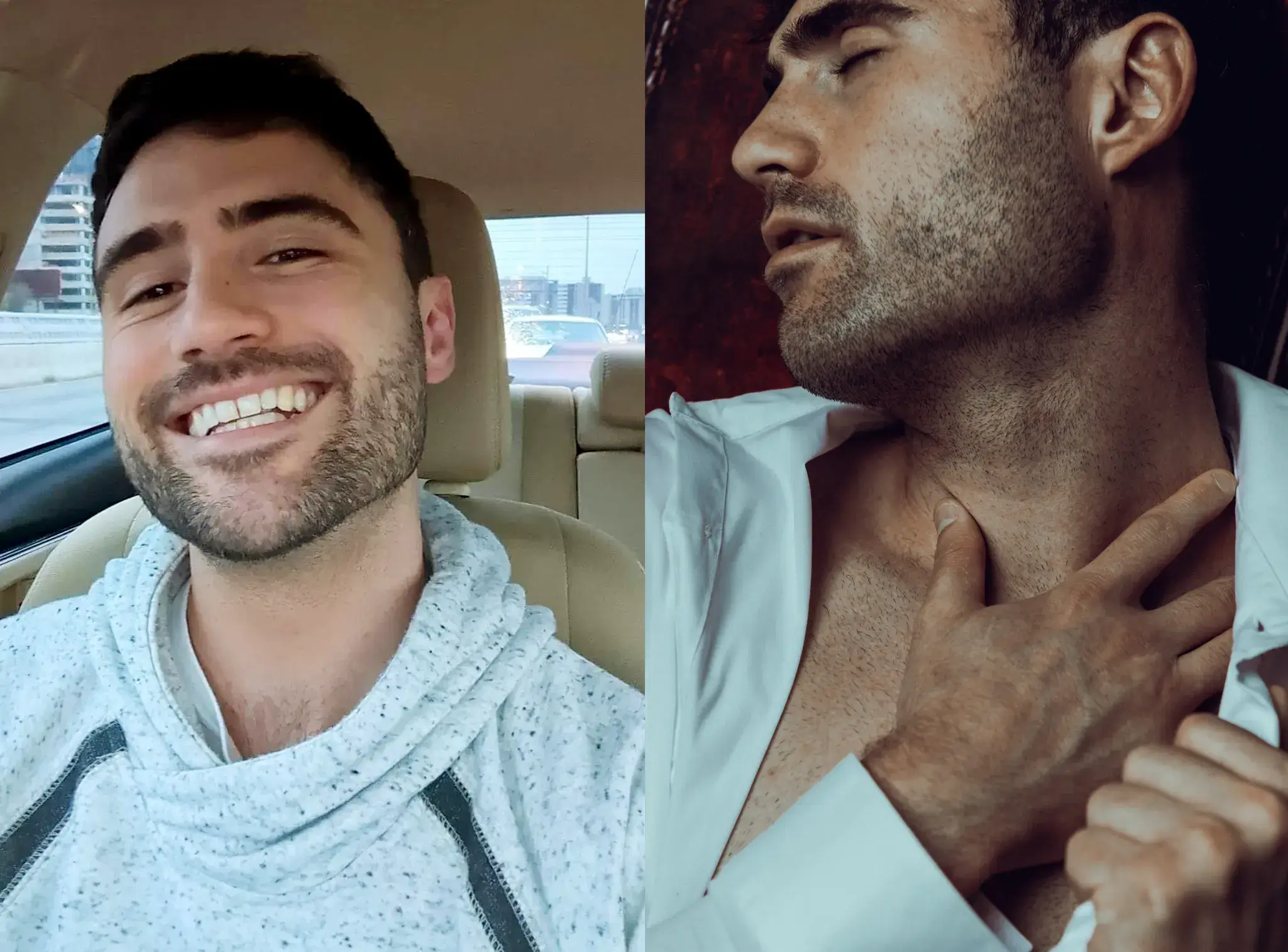 A split image showing a man smiling in a car on the left, and the same man with eyes closed and hand on chest, wearing an open shirt, on the right. photographed by austin portrait photographer tanya eivin