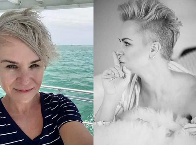 Split image: On the left, a person with short, light hair takes a selfie by the sea; on the right, the same person poses indoors in black and white, holding a finger to their lips. Tanya Eivin Photography