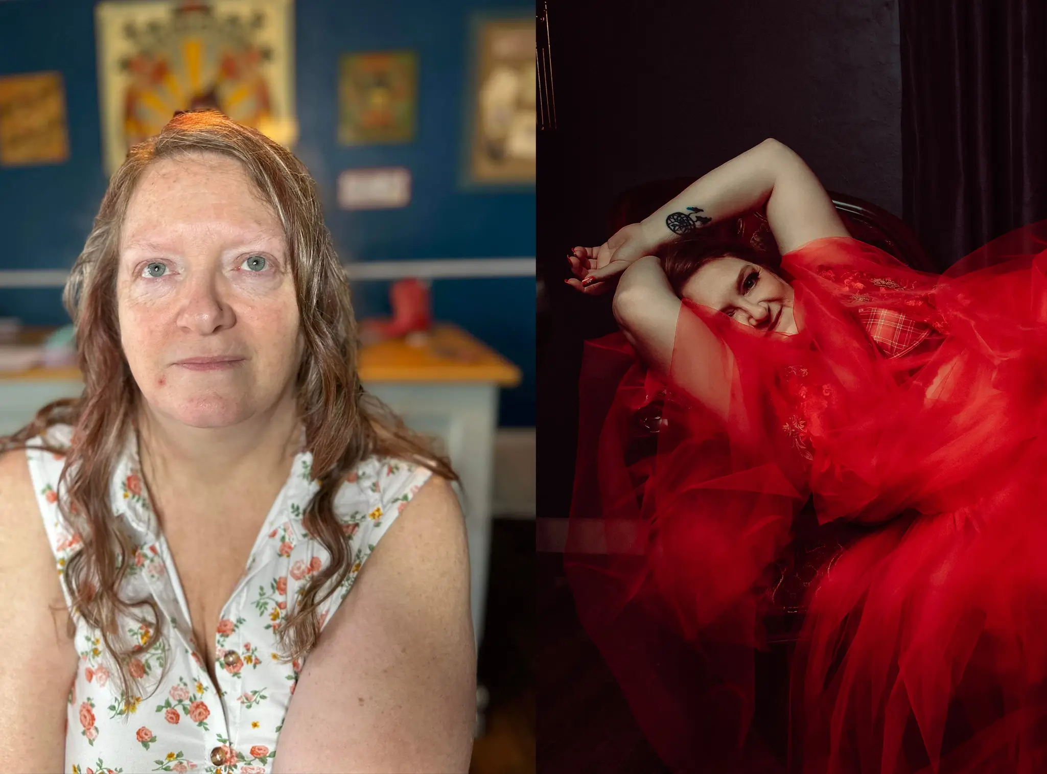 Split image: On the left, a woman with wet hair sits in a floral blouse; on the right, the same woman poses confidently in red tulle with arms raised on a dark chair. Tanya Eivin Photography