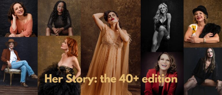 Collage of women over 40 in stylish outfits posing against dark backdrops, with the text "Her Story: the 40+ edition" in bold letters at the bottom. Tanya Eivin Photography