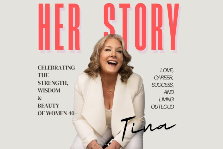 Smiling woman with blonde hair in a white suit sits against a pale background with the text "Her Story" and motivational phrases about women over 40. The name "Tina" is written at the bottom. Tanya Eivin Photography