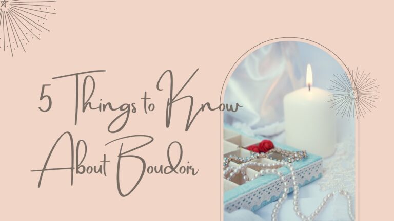 Text reads "5 Things to Know About Boudoir" next to a photo of a candle, pearls, jewelry, and lace on a soft surface. Tanya Eivin Photography