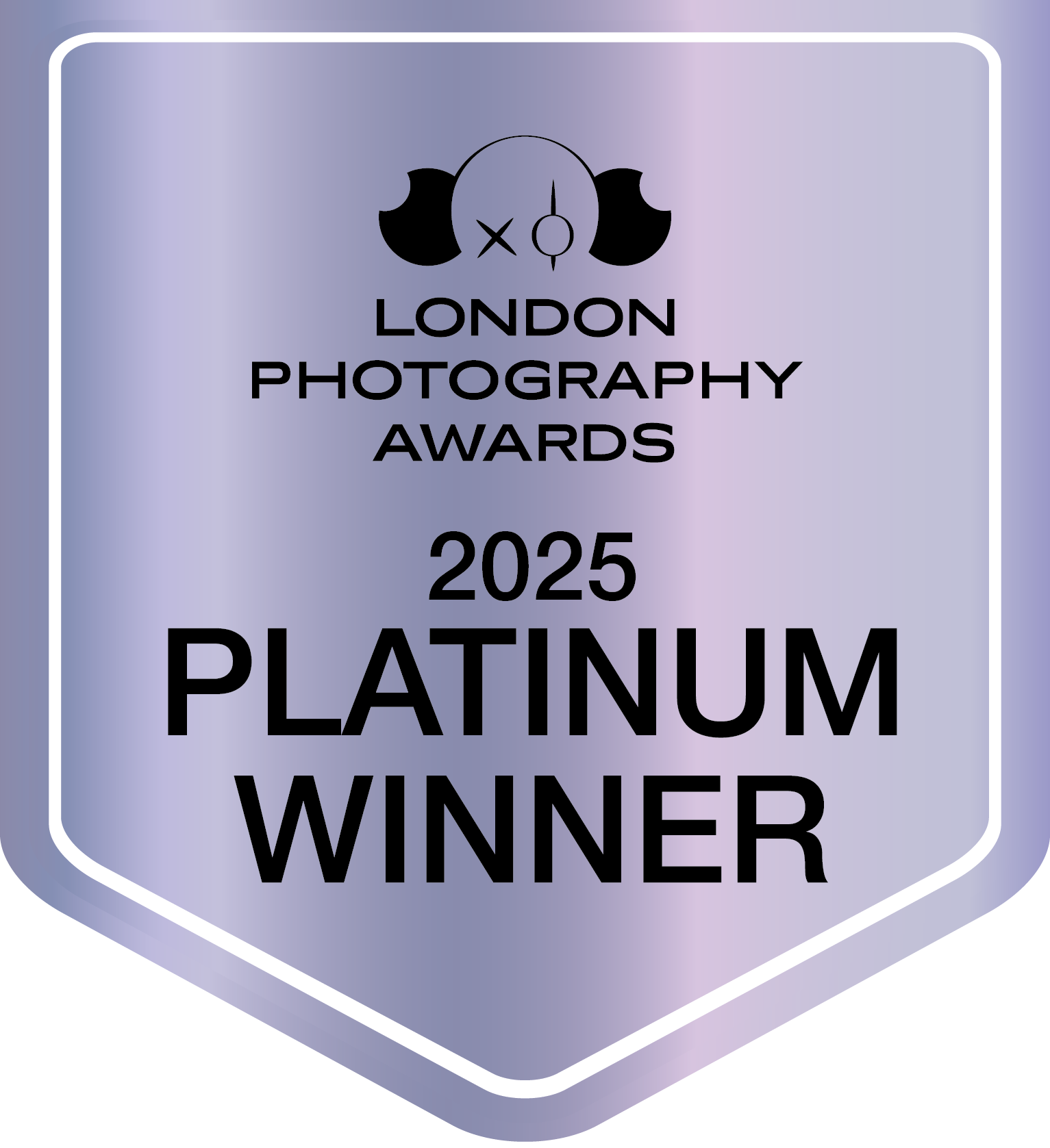 A shield-shaped badge displays "London Photography Awards 2025 Platinum Winner" in black text on a metallic purple background. Tanya Eivin Photography